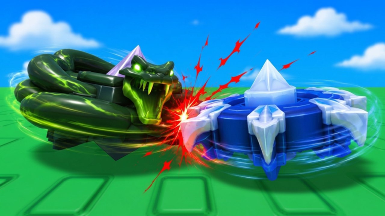 A green snake spinner colliding with a blue ice-blade spinner on the Merge a Spinner arena